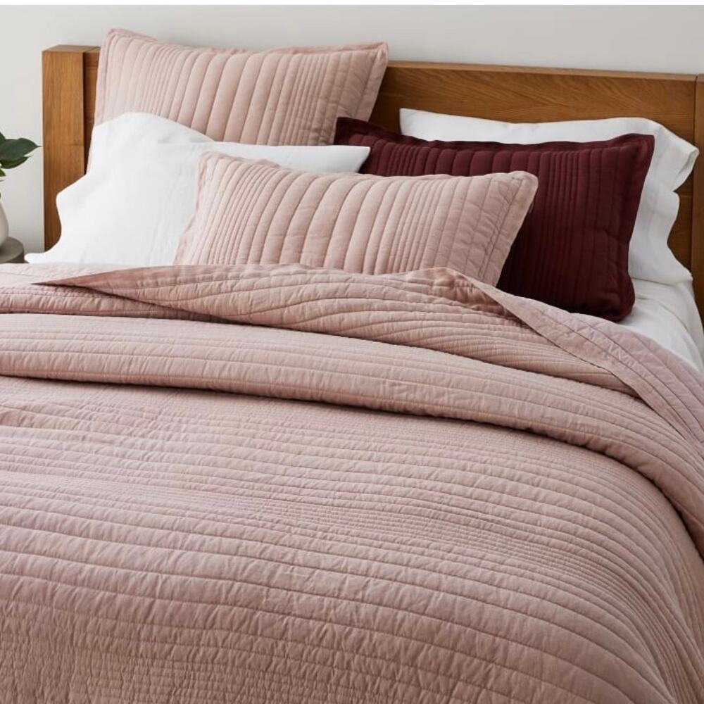 West Elm Full/Queen European Flax Linen Linework Pink Quilt & Sham Covers